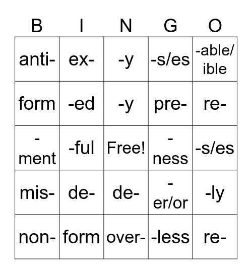 Morphology Bingo Card
