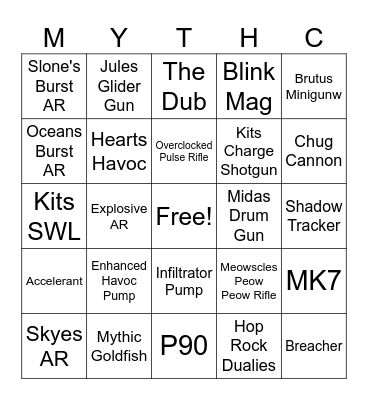 Fortnite Mythics/Exotics Bingo Card