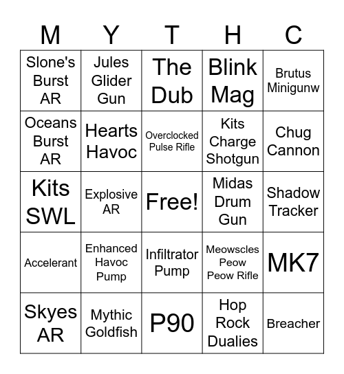Fortnite Mythics/Exotics Bingo Card