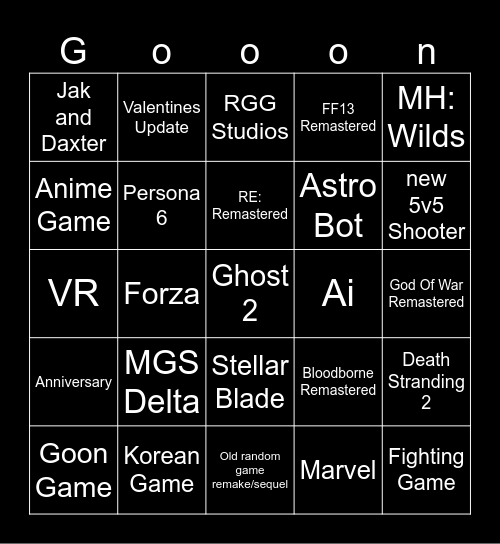 State of Play Bingo Card