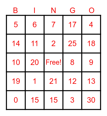 Valentines Bingo Card