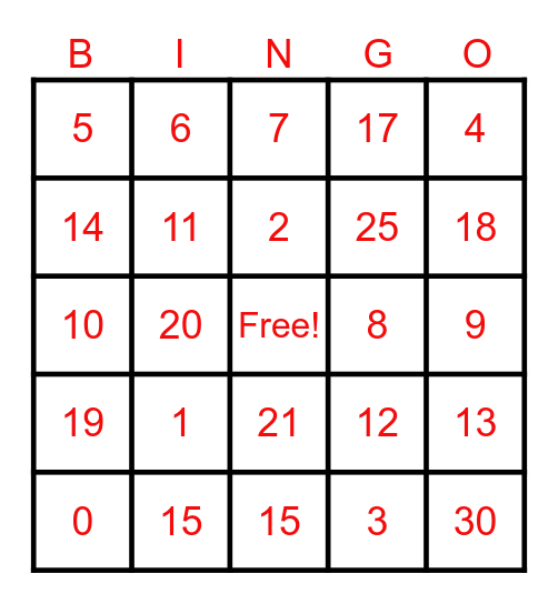 Valentines Bingo Card