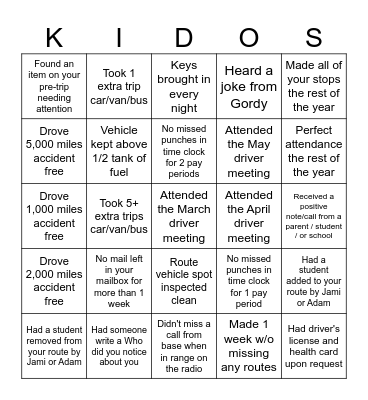 Hoglund Transportation Bingo Card