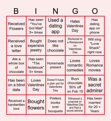 Virtual Valentine's Day Bingo Card