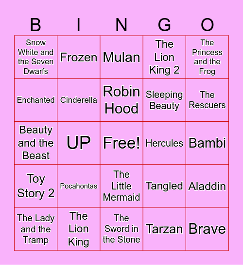 Disney Love Songs Bingo Card