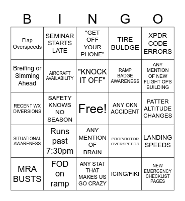 Safety Seminar 2025 Bingo Card