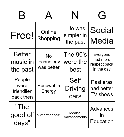 False Nostalgia Bingo Card
