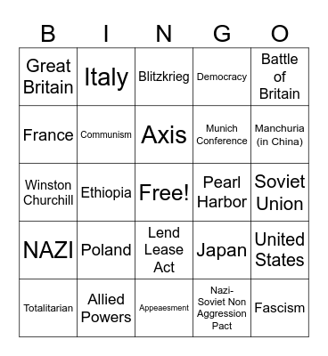WWII Beigns Bingo Card