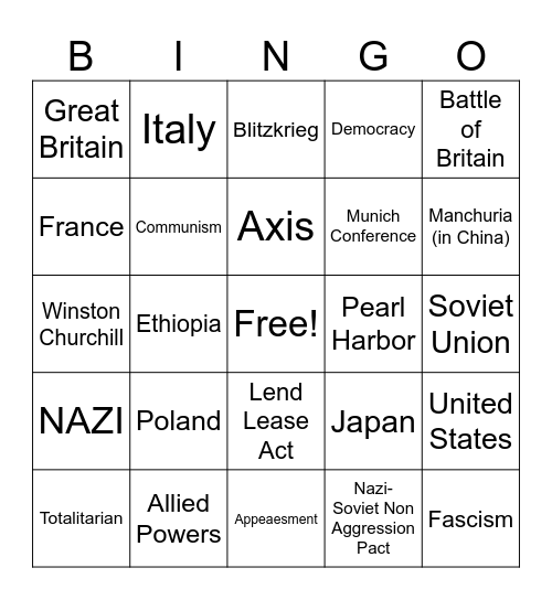 WWII Beigns Bingo Card