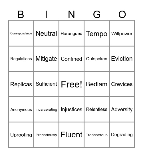 Vocabulary Bingo Card