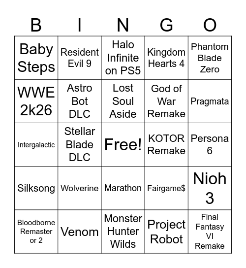 Sony State of Play 2025 Bingo Card