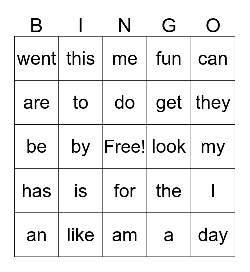 Sight Word Bingo Card
