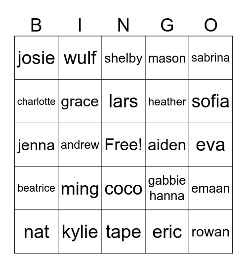 table Bingo Card