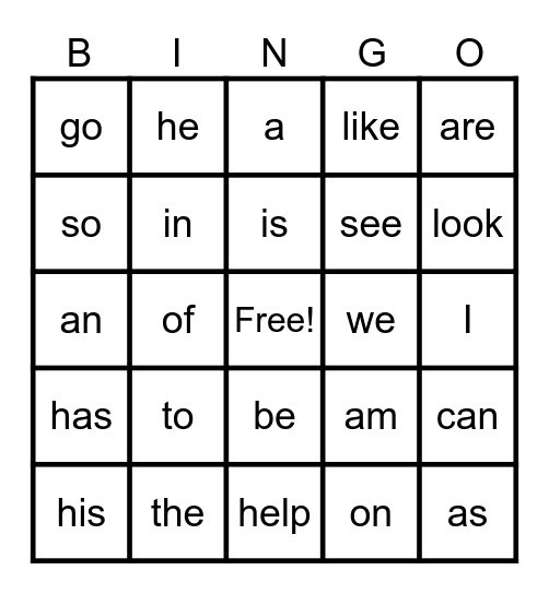 Trick Words BINGO Card