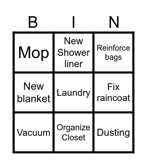 Chores Bingo Card