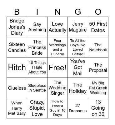 Rom Com Bingo Card