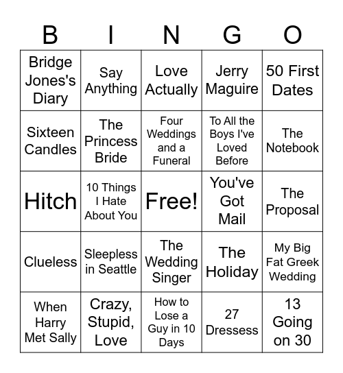 Rom Com Bingo Card