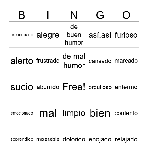 Adjectives to use with Estar Bingo Card