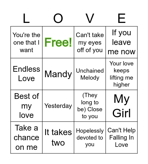 Love Song Themed Bingo Card