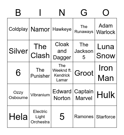 Marvel Bingo Card