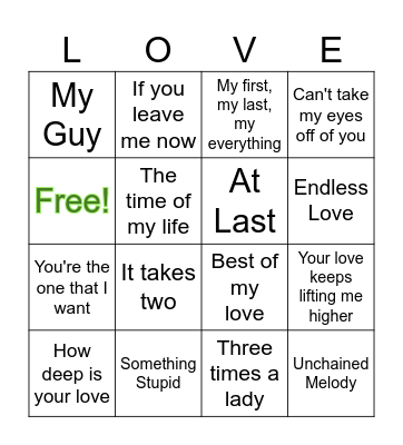 Love Song Themed Bingo Card