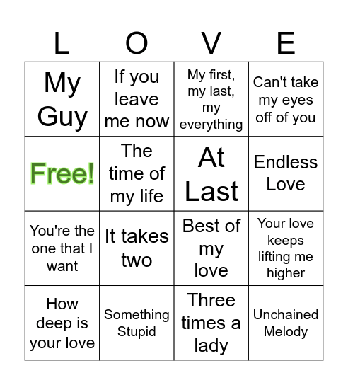 Love Song Themed Bingo Card
