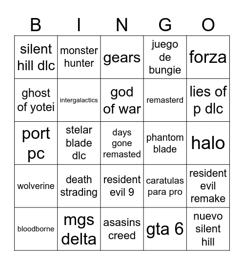 playstation Bingo Card
