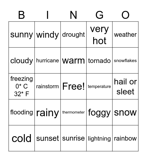 Weather Bingo Card