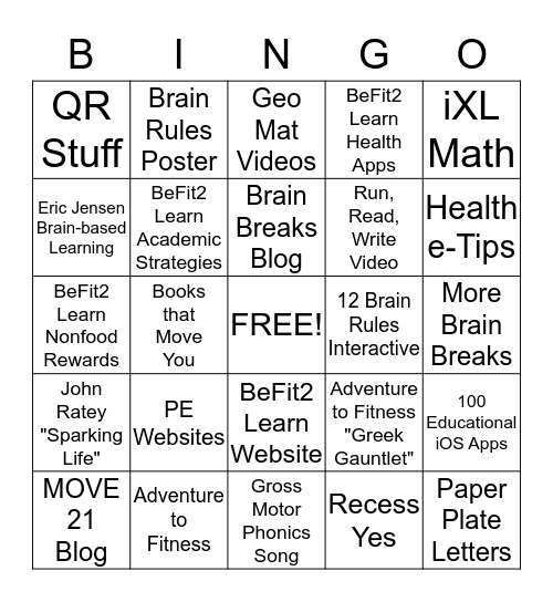 BeFit2Learn Bingo - Health/PE/PA Bingo Card