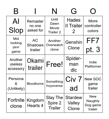 PS State Of Play Bingo Card