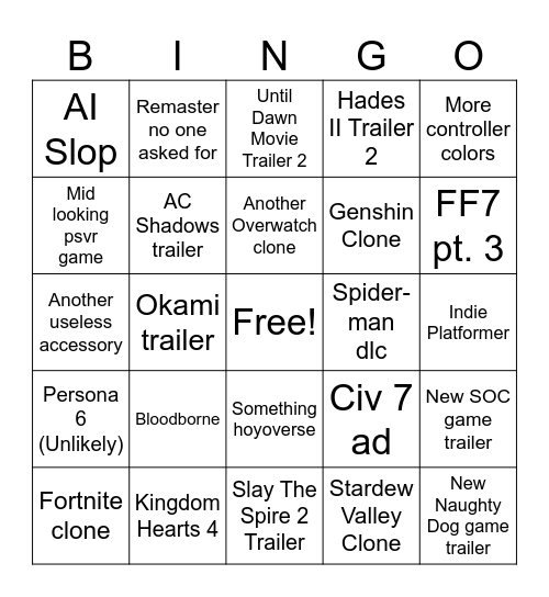 PS State Of Play Bingo Card