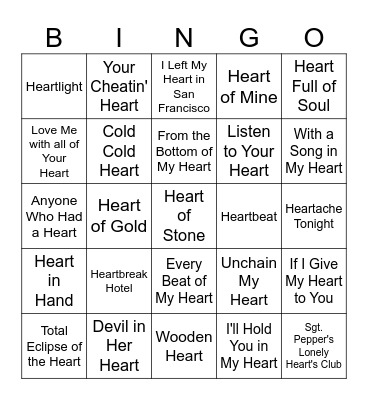 HEART SONGS Bingo Card