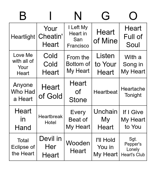HEART SONGS Bingo Card