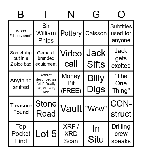 Curse of Oak Island Bingo Card