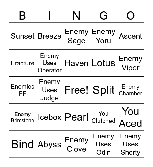 Valorant Bingo Card
