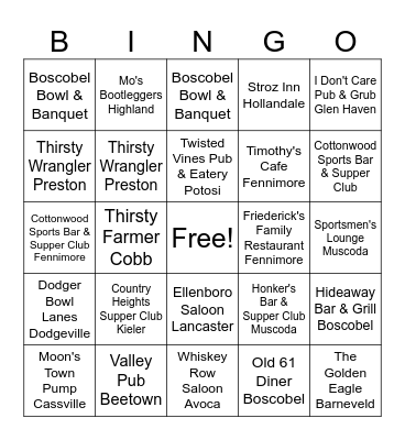 Hidden Valleys of Southwest Wisconsin Fish Fry BINGO - Grant & Iowa Bingo Card