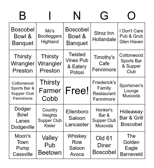 Hidden Valleys of Southwest Wisconsin Fish Fry BINGO - Grant & Iowa Bingo Card