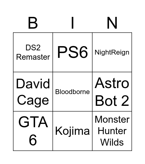 Sony 2025 Bingo Card