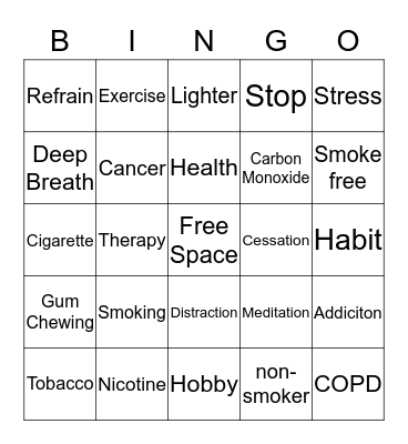 Smoking Cessation Bingo Card