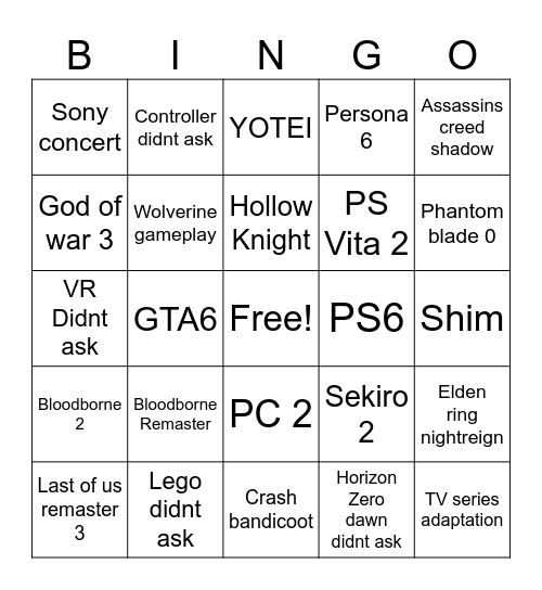 state of play Bingo Card