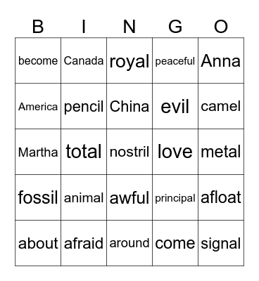 Schwa Bingo Card