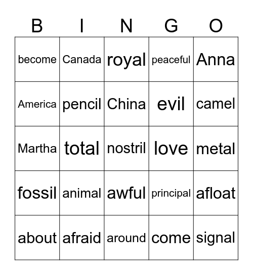 Schwa Bingo Card