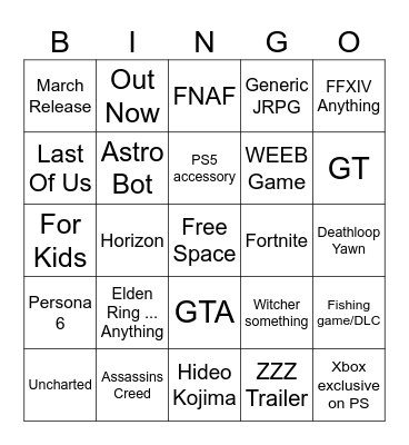 Sony State of Play Bingo Card