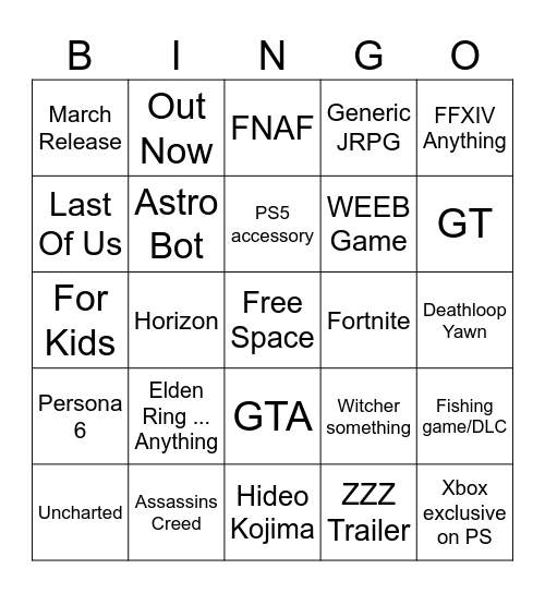 Sony State of Play Bingo Card