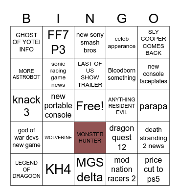 SONY BINGO Card