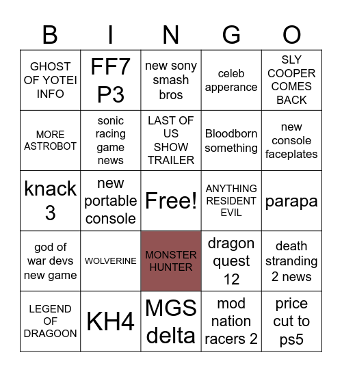 SONY BINGO Card