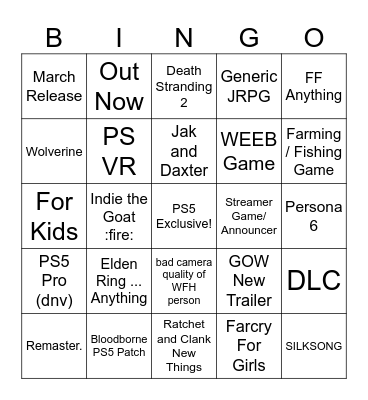 Sony State of Play Feb 12th 2025 Bingo Card