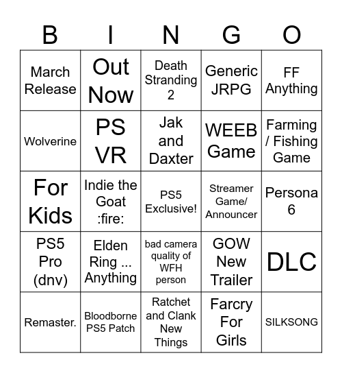 Sony State of Play Feb 12th 2025 Bingo Card