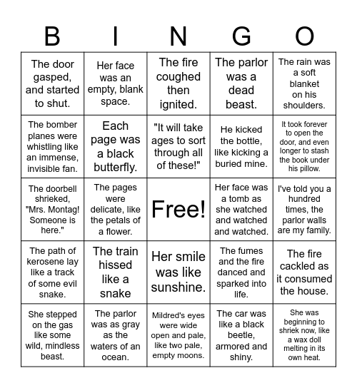 Fahrenheit 451 Figurative Language Bingo Card
