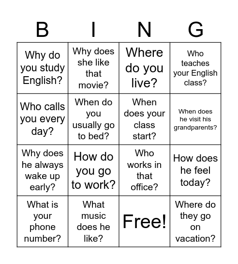 Simple present BINGO Card